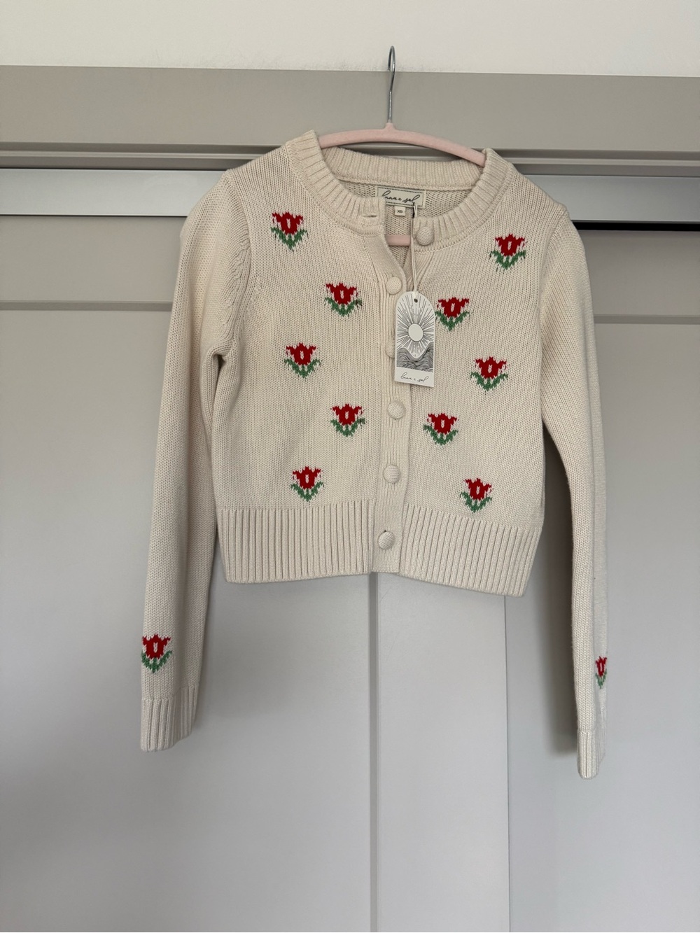 Luna x Sol Cream Tulip Knit Embroidered Button Cardigan Sweater